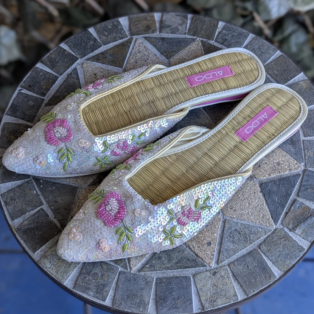 ALDO Women's Sequin Embellished Mules - White and Pink - Picture 2 of 4